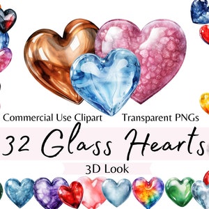 Clipart de corações de vidro 3D aquarela, download instantâneo de gráficos PNG transparentes para uso pessoal e comercial, amor arco-íris dia dos namorados