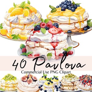 Aquarell Pavlova Clipart Bundle, Bäckerei Dessert PNG Grafiken für kommerzielle Nutzung, Meringe Illustration, sofortiger digitaler Download, Journal