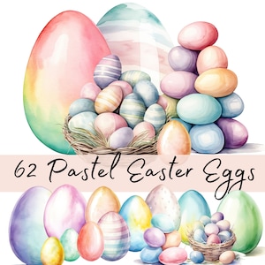 Imágenes Prediseñadas de huevos de Pascua pastel de acuarela, huevos de colores pastel y cesta de Pascua, invitaciones PNG de búsqueda de huevos de Pascua, fabricación de tarjetas, artesanías de papel