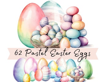 Peut inclure: Une collection de 62 œufs de Pâques de couleur pastel dans différents motifs, y compris des couleurs unies, des rayures et des pois. Certains œufs sont dans un nid, tandis que d'autres sont empilés en forme de pyramide.