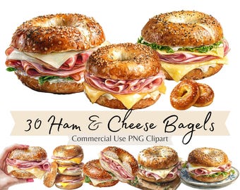 Watercolor Ham and Cheese Bagels Clipart Bundle, Breakfast Sandwich PNG, Cream Cheese Bagel, Brunch Bread Illustrations for Commercial Use