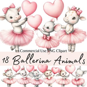 Lindos animales de bailarina con globo en forma de corazón, imágenes prediseñadas digitales PNG de acuarela para guardería, animales bebés de San Valentín con tutús, uso comercial