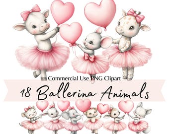 Cute Ballerina Animals Clipart with Heart Balloon, Watercolor Nursery Digital Clip Art PNG, Valentine Baby Animals in Tutus, Commercial Use
