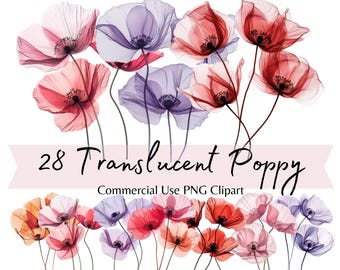Translucent Watercolor Poppy Clipart, Red Floral PNG Bundle, Ethereal Wildflowers for Scrapbooking, Planners, Cards, Wedding Invitations