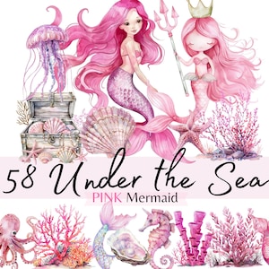 Rosa Meerjungfrau Aquarell Clipart-Elemente, unter dem Meer PNG Mermaid Tail Grafiken, Meerestiere, Kinderzimmerdekor, Einladungen, Karten