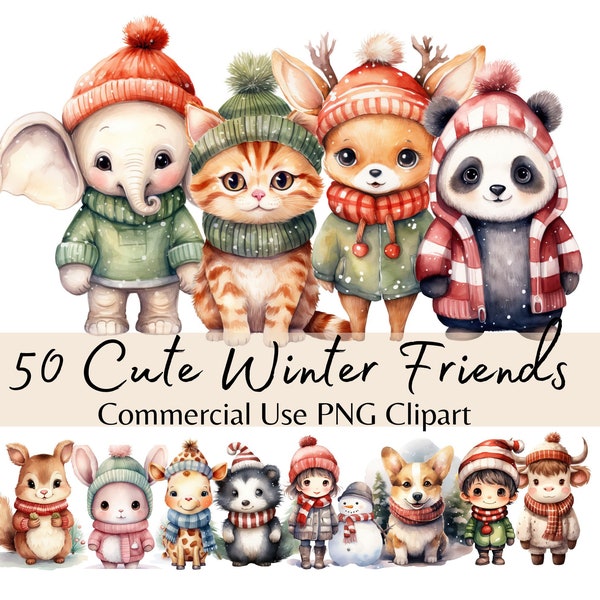 Cute Winter Animals Clipart, Watercolor Forest and Safari Animal Friends, Commercial Use PNG for Christmas Ornaments and Cards