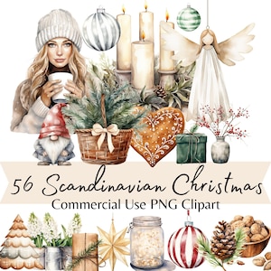 Adornos navideños escandinavos, ilustraciones acogedoras con fondo transparente de acuarela neutra, uso comercial, invierno nórdico hygge