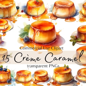 Watercolor Crème Caramel Clipart - flan, caramel pudding and sauce in PNG format instant download for commercial use, Dessert clipart bundle