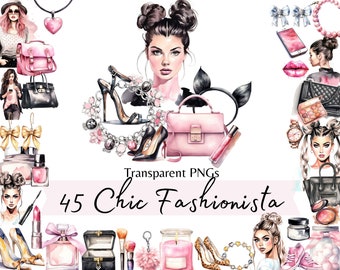 Fashionista Chic Girl Clipart, Watercolor Pink Black Illustrations, Planner and Stationery Fashion Graphics, Fashion Girl Clip Art Set