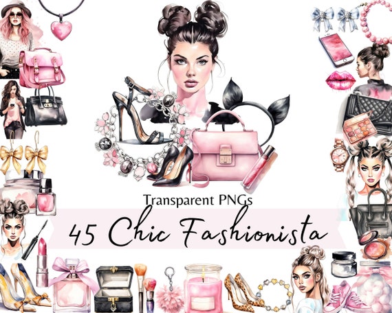 Fashionista Chic Girl Clipart, Watercolor Pink Black Illustrations, Planner and Stationery Fashion Graphics, Fashion Girl Clip Art Set
