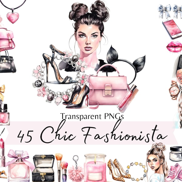 Fashionista Chic Girl Clipart, Watercolor Pink Black Illustrations, Planner and Stationery Fashion Graphics, Fashion Girl Clip Art Set