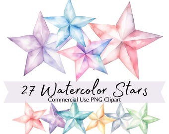 Watercolor Stars Clipart Bundle, Pastel Stars Sky Elements, Transparent PNG Commercial Use, Invitations, Baby Shower, Scrapbooking, Stickers
