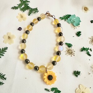 Sunflower Charm Bracelet, Hematite Wristlet, Gemstone Jewelry, Yellow Bracelet,  Meaningful Gift For Her, Summer Vibes