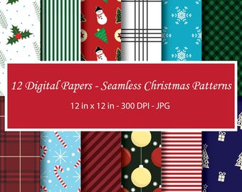 May include: Twelve digital papers featuring seamless Christmas patterns. The patterns include holly, candy canes, snowflakes, ornaments, plaid, stripes, and Christmas trees. Each paper is 12 inches by 12 inches and 300 DPI.