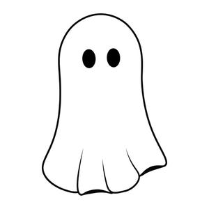 May include: A simple black and white illustration of a ghost. The ghost has a rounded top with two black oval eyes and a flowing bottom edge. The design is outlined in black on a white background.