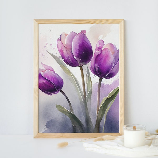 Minimalist Purple Tulip Watercolor Digital Print - Elegant Wall Art for Home Decor
