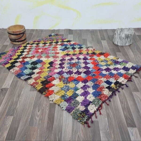 Multi Colored Checkered Vintage Rug,Moroccan Berber Hallway Runner Rug,Unique Boujaad runner Rug,Handmade Wool Runner,Berber Runner rug