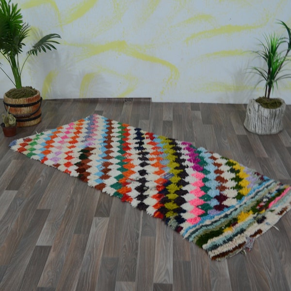 Luxurious Beni Ourain Runner Rug,Moroccan Amazing Hallway Rug,Vintage Beautiful Handmade Wool Runner Rug, Multi Colored Checkered Runner Rug