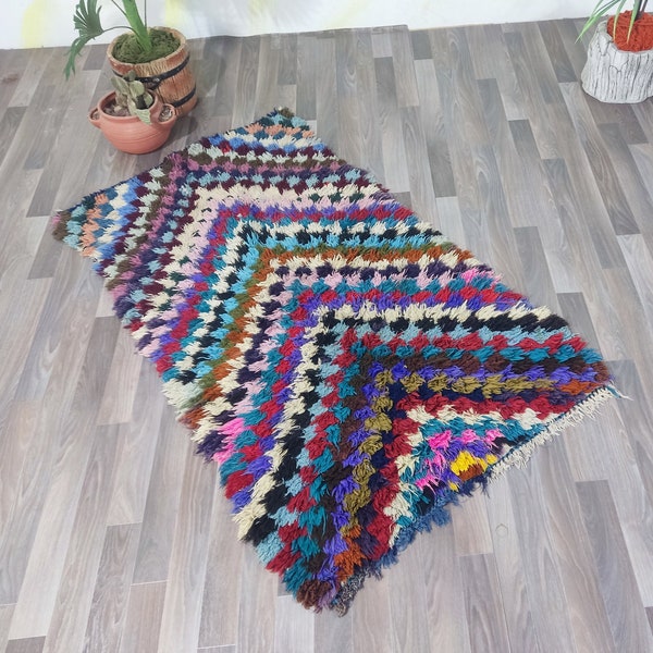 Multi Colored Checkered Vintage Rug,Moroccan Berber Hallway Runner Rug,Unique Boujaad runner Rug,Handmade Wool Runner,Berber Runner wool rug