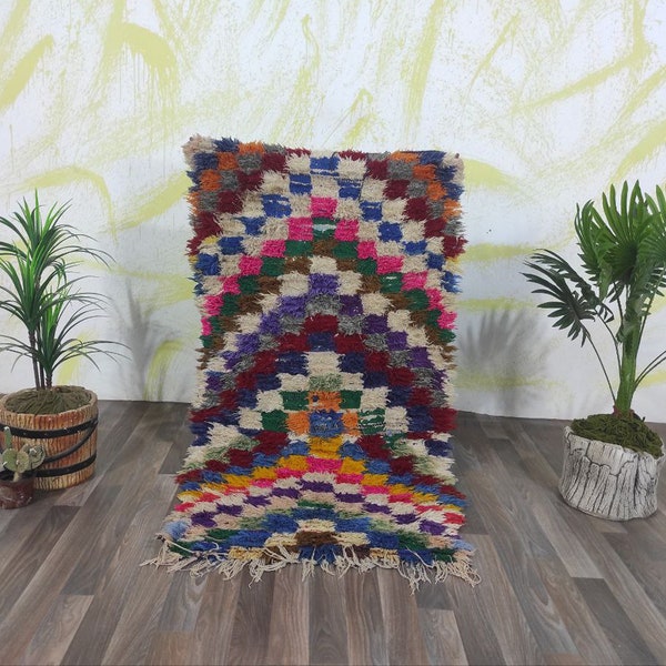 Tapis vintage à carreaux multicolores, tapis de passage berbère marocain, 2 x 5, tapis de passage Boujaad unique, tapis de passage en laine fait main, tapis de passage berbère