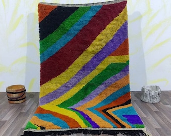 COLORFUL MOROCCAN RUG, Handmade Beni Ourain Rug, Authentic Berber Wool Rug, Berber Azilal Rug, Colorful Striped Rug, Abstract Bohemian rug.