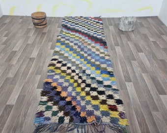 Gorgeous Berber Rug,Vintage Moroccan Multi Colored Runner, Checkered Runner, Moroccan Beni Mrirt Runner,Amazing Hallway Rug Runner 95x320 cm