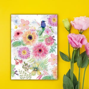 Afdrukbare blanco bloemen- en vogelwenskaart, botanische kaart thuis afdrukken, botanische wenskaart.