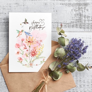 Carte d'anniversaire imprimable, carte d'anniversaire fleur et oiseau, carte de joyeux anniversaire oiseau, carte d'anniversaire à imprimer à la maison, carte de voeux botanique.