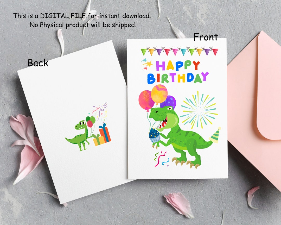 Printable Dinosaur Birthday Card, Dinosaur Card, 5x7 Printable Card ...