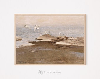 The Freedom of Seagull: Vintage Seascape Wall Art, Coastal Landscape, Rocky Beach Art, Ocean Birds Decor, Muted Earth Tone, Digital Download