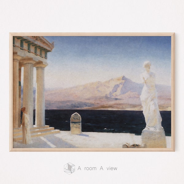 Majestic Greek Coastal View: Ancient Watercolor Hellas Cityscape, Vintage Mountain Island Landscape, Ocean Decor, Printable Digital Download
