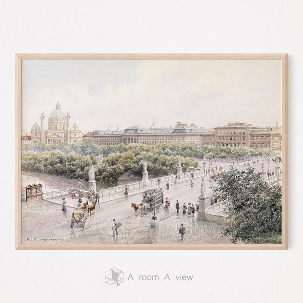 Elegant Vienna Cityscape, Vintage City View Wall Art, Summer Landscape, Moody Beige Watercolor Print, Muted Bridge Print, Digital Download