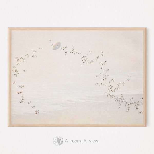 Nature Infinity: Calm Sea & Seabirds in Flight, Vintage Japanese Painting, Minimalist Wall Art, Soft Beige Tones, Printable Digital Download