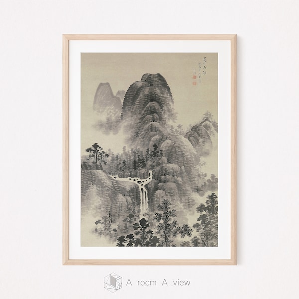 Nebliger Bergbach: Japanische Tuschemalerei, alter chinesischer Wasserfall, rustikale neutrale Landschaft, Vintage Wandkunst, digitaler Download