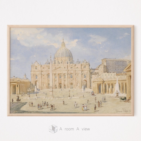 St. Peter's Square: Roman Street Scene, European City Wall Art, Vintage Watercolor Print, Landscape Architecture Decor, Digital Download