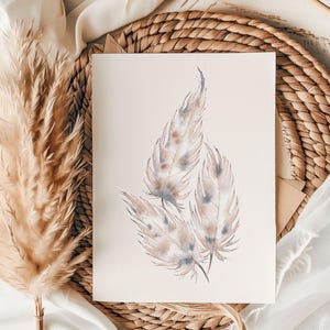 Carte de voeux aquarelle plume rose pâle - Art nature vierge, papeterie bohème minimaliste