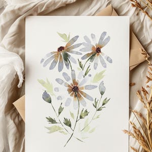 Carte aquarelle marguerite bleue rustique - voeux floraux vierges pour anniversaires, merci, fête des mères