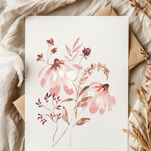 Carte de voeux d'échinacée rose peinte à la main - Papeterie d'art botanique fleurs sauvages pour elle