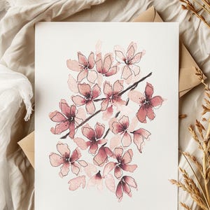 Carte de voeux aquarelle Sakura peinte à la main - Fleur de cerisier printanier Floral Botanique Papeterie