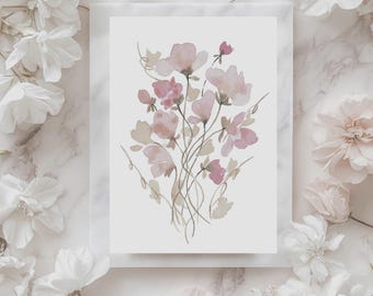 May include: A watercolor painting of pink flowers on a white background, framed by a white border. The painting features a bouquet of delicate blooms in shades of pink and peach, with green stems. The background is a marble pattern, with white flowers surrounding the painting.