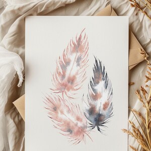 Carte de voeux Boho aquarelle plume - art nature minimaliste peint à la main pour toutes les occasions
