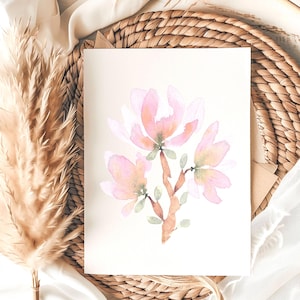 Carte de voeux fleur de magnolia rose - intérieur vierge, carte d'art floral peinte à la main, papeterie botanique pour toutes les occasions