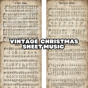 May include: Vintage Christmas sheet music featuring the songs "O Holy Night", "Joy to the World", "Silent Night", and "The Town of Bethlehem". The sheet music is printed on aged paper with a brown and white background.