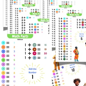 May include: A collection of math fact sheets for addition, featuring equations and answers. The sheets include equations like 1 + 1 = 2, 2 + 2 = 4, and 3 + 3 = 6. The sheets are designed for educational purposes.