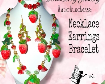Strawberry Charm Jewelry, Spring Fairycore Necklace with Leaf Pendant Dangle Flower Earrings, Strawberry Bead Bracelet, Gift Idea, Whimsical