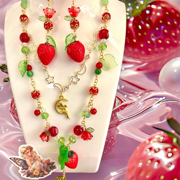 Fairy Moon Strawberry Jewelry Set, Necklace, Earrings, Gift Idea, Fairy Jewelry, Cottagecore, Whimsical, Renaissance Faire, Cosplay Jewelry