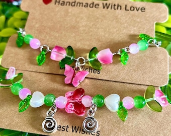 Handmade Cottagecore Beaded Bracelet Set, Fairycore Style Bead Bracelets, Butterfly Charm Bracelet, Gift Idea, Charm Bracelet