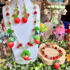 Gold Strawberry Jewelry Set: Fairycore Charm Necklace, Bracelet & Earrings