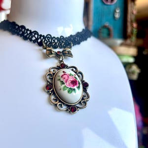 Coquette Gothic Black Lace Choker: Victorian Floral Pendant