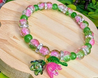 Fairycore Whimsical Pink and Green Glass Bead Bracelet with Lily of The Valley Flowers, Gift Idea, Flower Bead Bracelet, Cottagecore Style